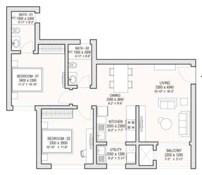 2 BHK Grande floor plan - 1,213 sqft
