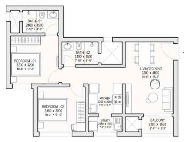 2 BHK Lux floor plan