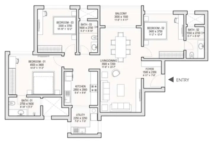 3 BHK Grande floor plan - 1,811 sqft